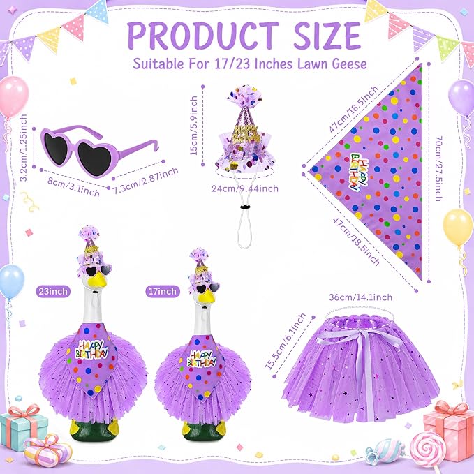 Porch Goose Birthday Outfit, Happy Birthday Goose Outfit Lawn Geese Clothes for 17/23" Cement Geese Statue for Patio (Purple)