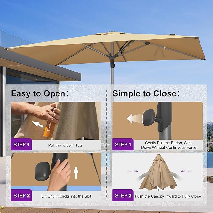 PURPLE LEAF 6 X 10 FT Commercial Rectangle Patio Market Umbrella Semi Auto Heavy Duty 1.9" Aluminum Pole 6 Sturdy Ribs for Outdoor Dining Business Restaurant Poolside Hotel Resort Wedding Venue Cafes Garden Beige