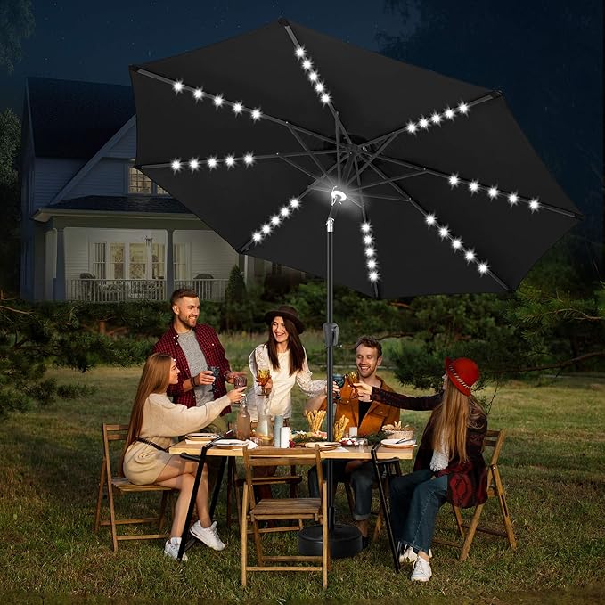 FLAME&SHADE 10 FT Solar Light Patio Umbrella, 40 LED lights outdoor umbrella with Centre Surround Light, Table Market Umbrella for Deck, Pool, Porch, Backyard, Garden, UV Protection, Black
