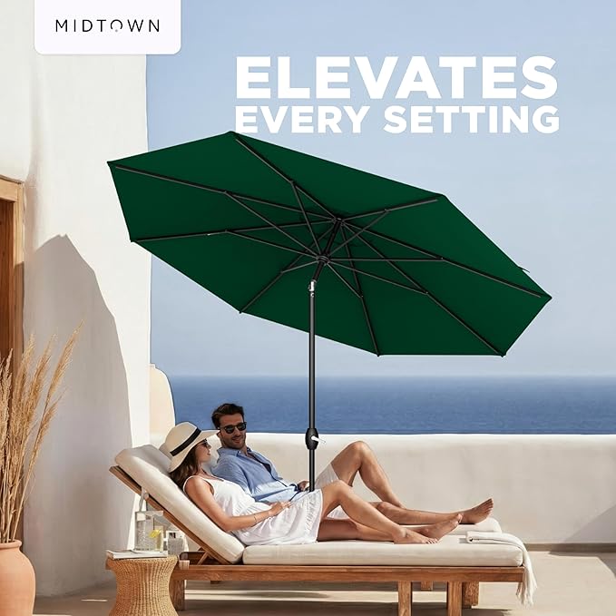 Midtown Umbrellas – The Lean 9 Ft Patio Umbrella with 10-Year-No-Fade Acrylast Acrylic Fabric, Auto-Tilt and 8 Reinforced Ribs for Deck, Pool, Garden, Hotel & Cafes – Forest Reserve Canopy, Black Pole