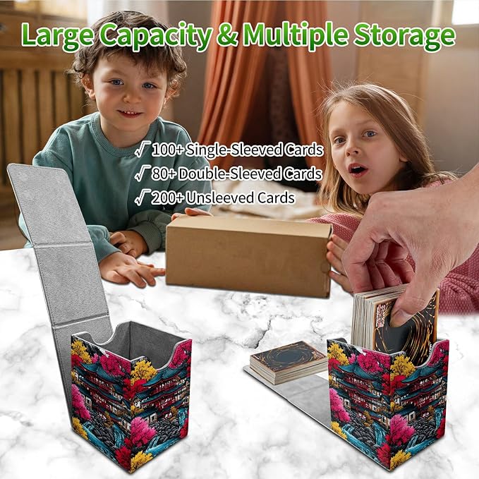 Pink Leaf House Card Deck Box for MTG, Personalized Card Storage Case Fits 120+ Sleeved Cards, Premium Leather TCG Box with Strong Magnetic Closure for Magic, CCG, PTCG, Baseball Cards