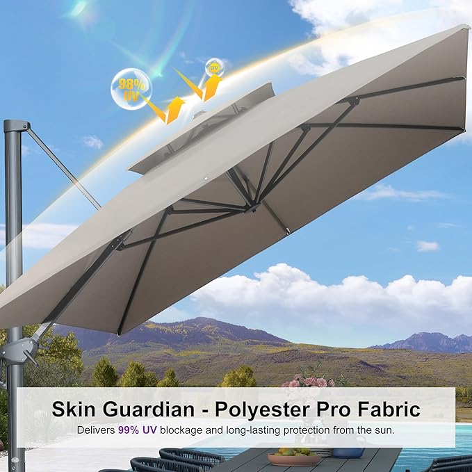 PURPLE LEAF 10' X 13' Double Top Cantilever Patio Umbrella with Light Deluxe Large Outdoor Umbrella Rectangle Offset Umbrella with Fade Resistance for Garden Deck Pool Patio, Ash Mocha