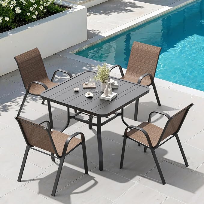 Soohow 5-Piece Outdoor Dining Set, Outdoor Patio Table and Chairs Set, 4 x Stackable Chairs & 1 x Outdoor Table with Umbrella Hole, All-Weather Patio Dining Sets for Poolside, Backyard and Porch
