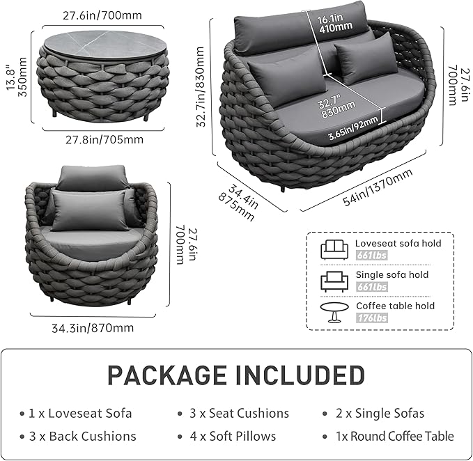 Patio Sofa Set for Outdoor and Indoor Use All-Weather Textilene 4 Pieces Conversation Set, Sectional Sofa and Coffee Table Aluminum Frame Garden Furniture (Dark Grey)
