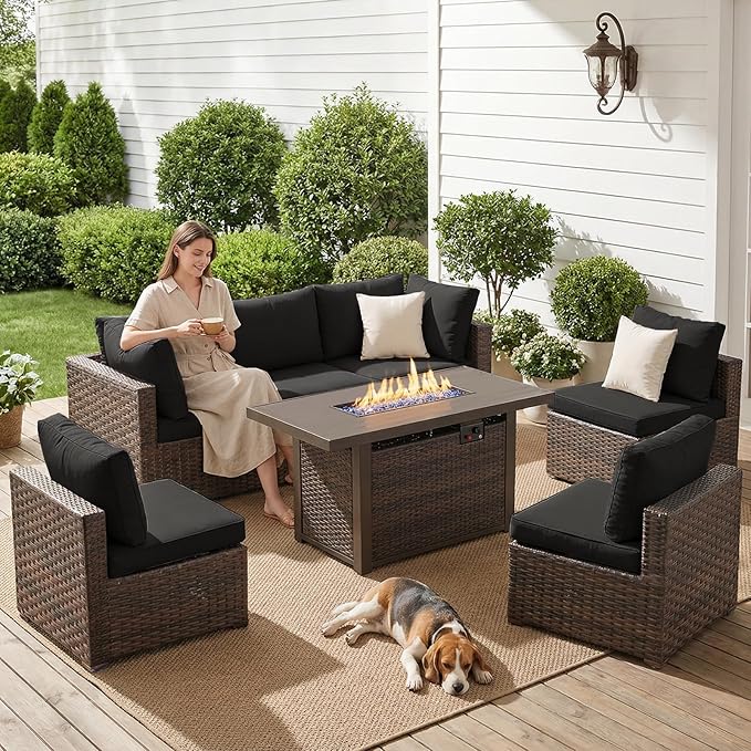 7-Pieces Patio Furniture Sets Outdoor Sectional Sofa with 44'' Propane Rattan Wicker Firepit Table, Patio Sectional Conversation Set with Cushions for Backyard, Poolside, Garden Black
