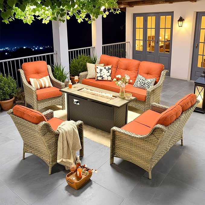 Outdoor Patio Furniture Sets, 5 PCS Patio Conversation Set Outside Rattan Sofa with 54 in Fire Pit Table Comfy Cushions Fit Backyard Porch Garden Poolside Balcony,Orange Red