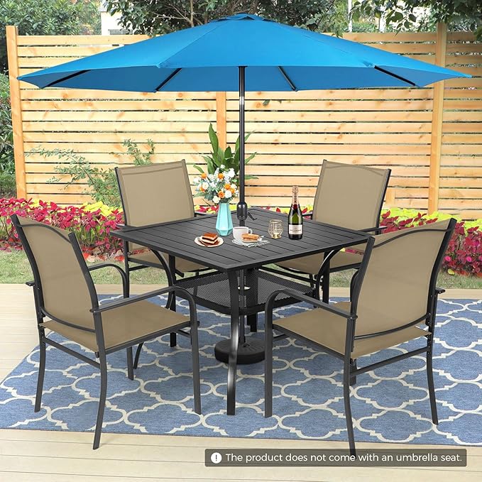 Incbruce 6 Pieces Patio Dining Set with Sky Blue Umbrella, Outdoor Dining Set of 4 Textilene Chairs and Square Table with Umbrella Hole for Backyard, Garden, and Poolside (Brown)
