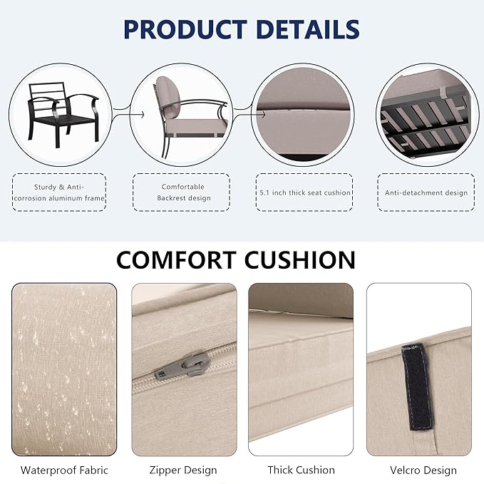 Aluminum Outdoor Patio Furniture Set,5 Seats Patio Conversation Sets with 2 Round Coffee Tables,Metal Patio Sectional Furniture Set with 5.1" Thickened Cushions,Sand