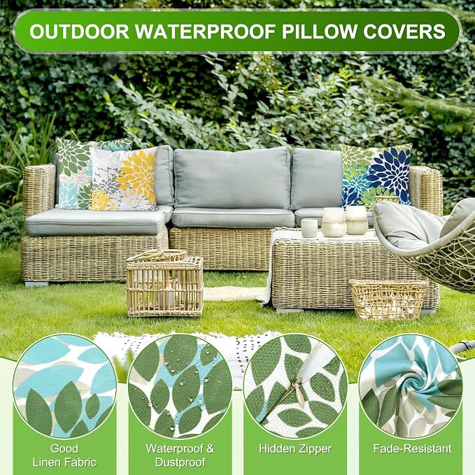 M METERXITY 2-Pack Pillow Cover 16x16 Linen, Sky Blue Green Gray | Water Resistant Floral Decor Slipcover, for Patio, Balcony, Garden, Outdoor Pillow Case
