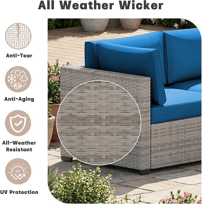 Patio Furniture Set 7 Pieces Conversation Set Wicker Outdoor Sectional Sofa,Ergonomic Armrests Couch with Cushion and Glass Table (Grey White-Peacock Blue, 7 Piece-Single)