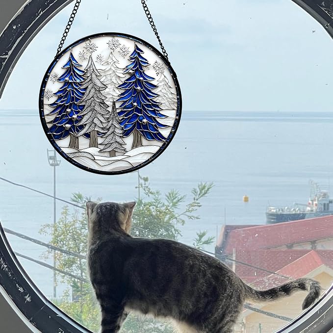 DASTOLL Stained Glass Window Hanging 4 Pcs Set White Winter Christmas Snow Scene 9.8" - Suncatcher Door Garden Sun Catcher Decor Birthday for Mom Woman Nana Men Friend Wife