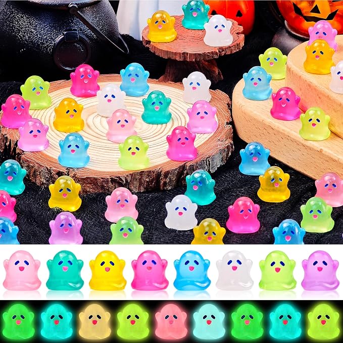 80 Pcs Halloween Luminous Mini Resin Ghost Figures Miniature Figurines | Tiny Little Plastic Ghost Statues Glow in the Dark, Halloween Vase Filler Micro Landscape Fairy Garden Party Decor