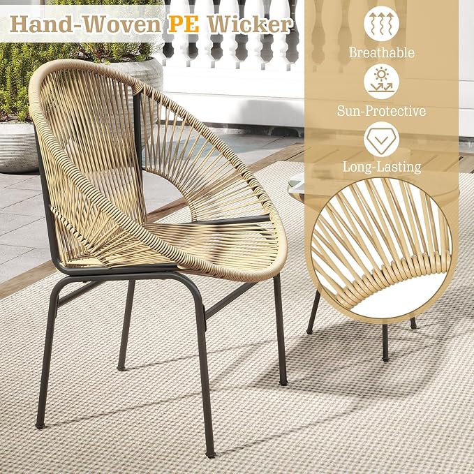 COSTWAY 3-Piece Outdoor Acapulco Chair Set, Wicker Conversation Bistro Sets with Plastic Rope, Glass Top Table, Patio Rattan Furniture Set for Garden, Balcony, Lawn, Backyard, Apartment (Brown)