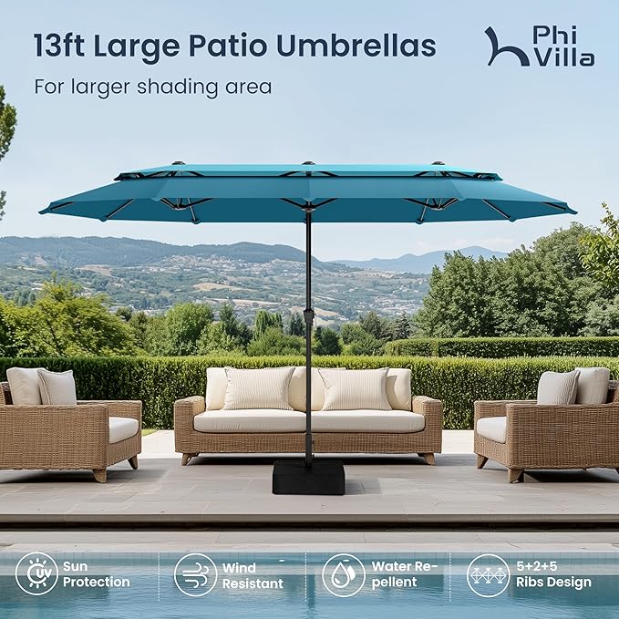 PHI VILLA 13ft Large Patio Umbrellas with Base Included, 2-Tier Double-Sided Outdoor Market Rectangle Umbrella for Outside, Blue & Cerulean