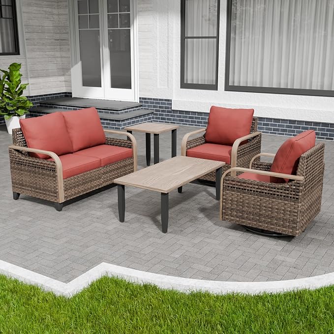 Modern Wicker Patio Furniture Set, Rattan Outdoor Conversation Set with Comfortable Cushions, 2 Swivel Rocing Chairs, 2 SeatLoveseat, Coffee Table and Side Table, 5 Pieces, Brown/Red