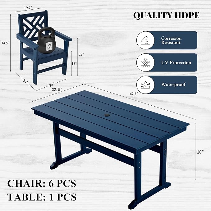 HDPE Dining Table Set for 6,7-Piece Outdoor Table and Chairs Include 6 Dining Chairs and 62.5" Patio Dining Table with Umbrella Hole (Blue)