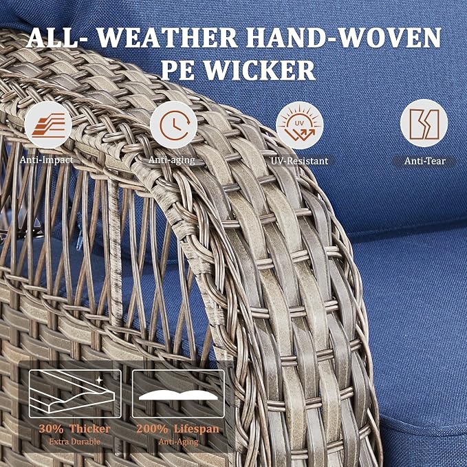 6 PCS Patio Furniture Set Outdoor Sectional Sofa Couch with Rocking Swivel Chairs 5" Deep Seat Chairs, Modern Wicker Rattan Conversation Set, Blue/Gray Wicker