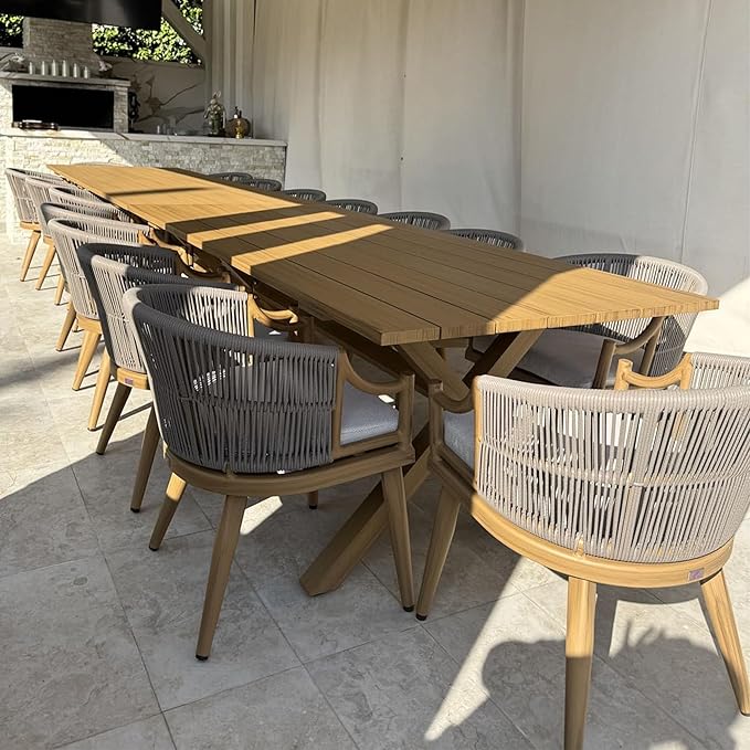 PURPLE LEAF 16 Pieces Outdoor Dining Set All Weather Wicker Patio Dining Set with Rectangular Aluminum Table and Modern Armrest Dining Chairs for Garden Deck Backyard Kitchen, Teak
