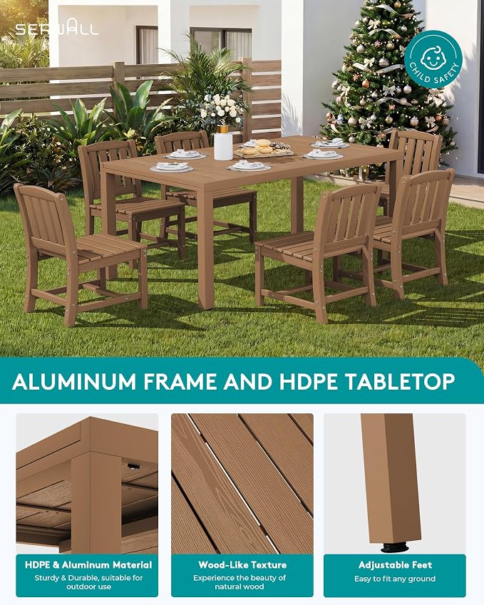 SERWALL Outdoor Patio Dining Set for 6, Brown | 60" - 83" Expandable Outdoor Dining Table and 6 HDPE Chairs, All Weather Material Outdoor Furniture Set Backyard, Garden