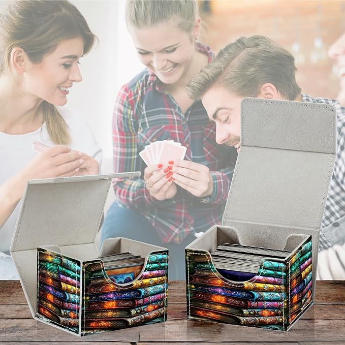 Card Deck Box for MTG, Cards Storage Box Fits 120+ Sleeved, Leather Small Size Strong Magnetic Closing Card Case for Board Games Magic TCG CCG Baseball Collection, Colorful Books