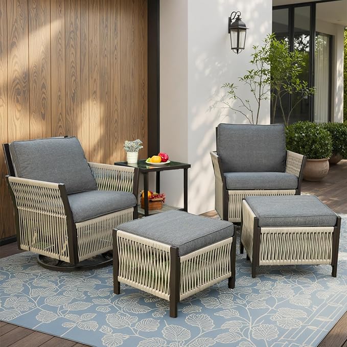 5 Piece Patio Bistro Furniture Set with Ottoman and Glass Side Table Swivel Rocker Glider Outdoor Chairs Set of 2, High Back Wicker Patio Conversation Set for Deck Porch Sunroom (Grey)