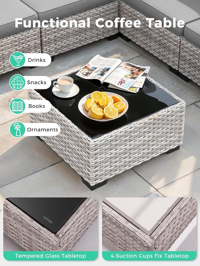 12 Piece Outdoor Wicker Sectional Sofa Set, 10-Seats Patio Furniture Conversation Set with 4" Thickened Cushions & Coffee Table, All-Weather PE Rattan for Garden, Backyard, Porch, Gray