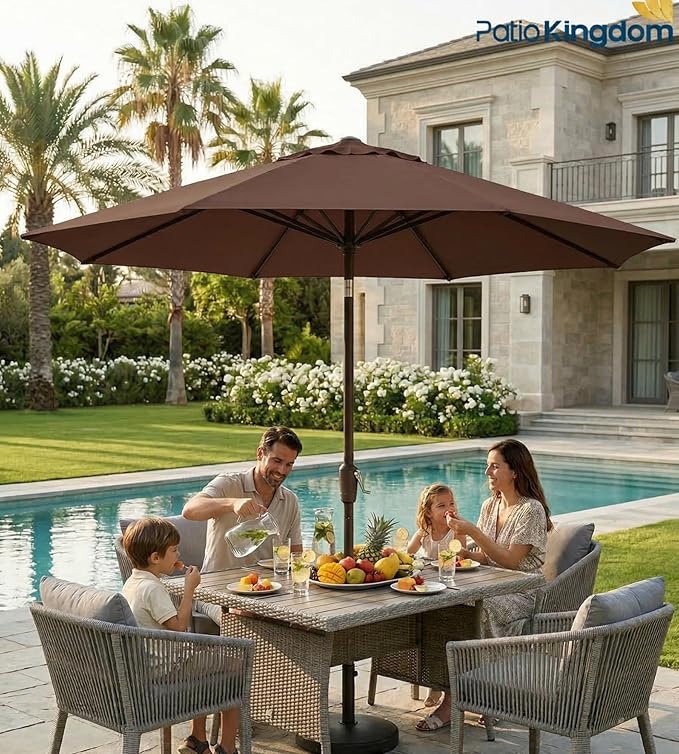 PatioKingdom 9FT Patio Outdoor Umbrella-UPF 50+ Sun Shade with Wind Vent, Push-Button Tilt & Smooth Crank Lift, Rust-Resistant Fiberglass Frame for Garden, Backyard,Yard (Brown)