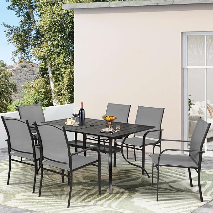 Crownland 7-Piece Outdoor Dining Set, Patio Textilene Dining Sets, 6 Metal Textilene Chairs and Rectangular Outdoor Dining Table with 1.57" Umbrella Hole(Grey)