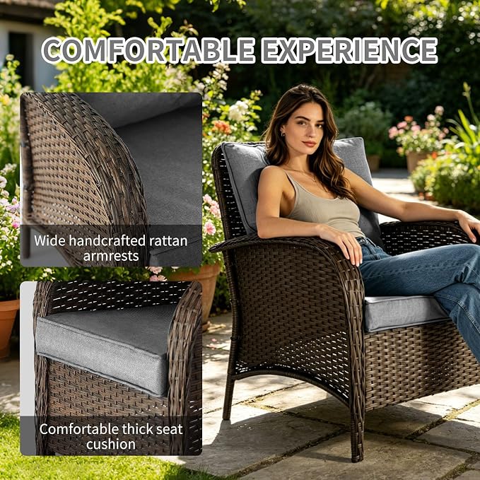 Outdoor Swivel Rocker Patio Chairs (Brown Wicker/Grey Cushion, 4PC/Sofa & Chair &Coffee Table)