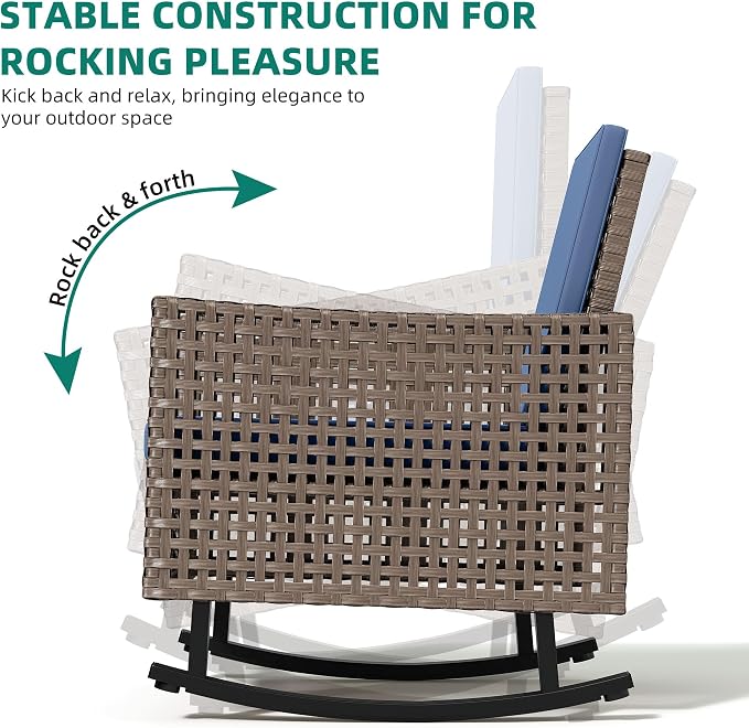YITAHOME 3 Pieces Patio Wicker Rocking Chair Set, Outdoor Patio Furniture Set with Rattan Side Table, Thickened Cushions, Rocker Patio Chairs Set for Porch, Poolside, and Yard, Blue