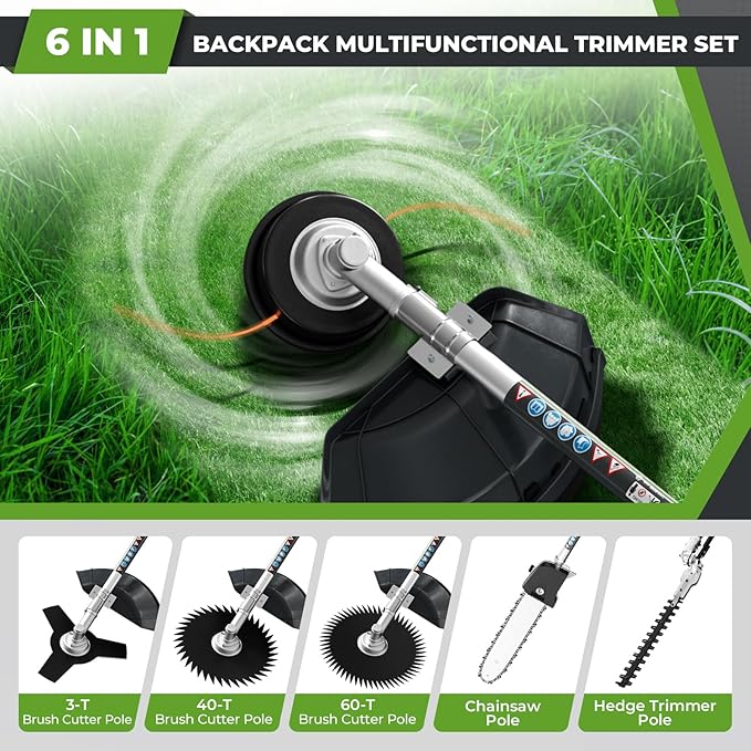 6-IN-1 Multi-Functional Weed Wacker Gas Powered, 52CC 2-Stroke Backpack Gas Powered Weed Eater String Trimmer, Pole Saw, Hedge Trimmer, Brush Cutter Blade, Safety Lock&Shoulder Strap for Lawn Trimming