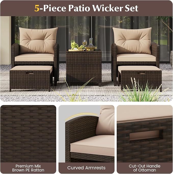COSTWAY 5-Piece Rattan Conversation Set, Outdoor Wicker Sofa, Tempered Glass Coffee Table & Ottomans for Small Space, Boho Chic Indoor/Outdoor Furniture Set for Poolside, Backyard, Deck (Beige)