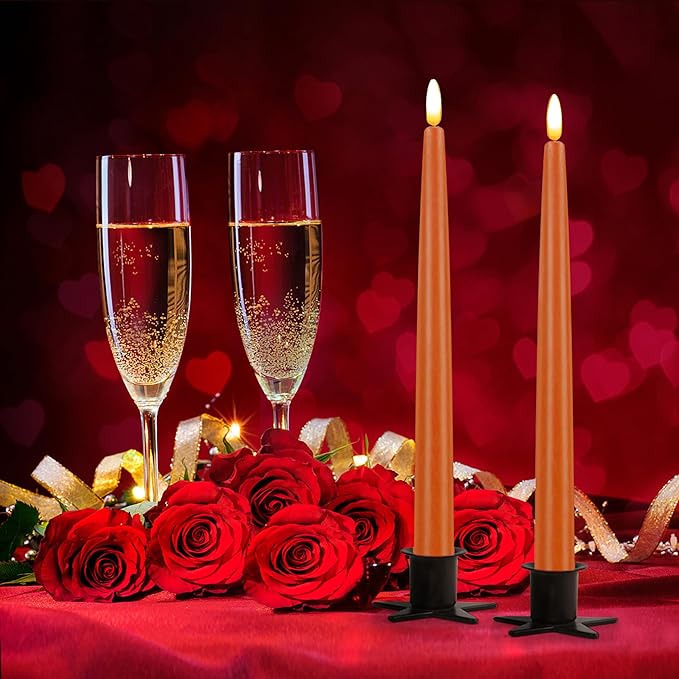 CVHOMEDECO. Flameless Taper Candles with 10-Key Remote, Battery Operated Led Flickering 3D Wick Window Candles Real Wax Finished Home Christmas Party Decor 0.78 x 11 Inch, Pack of 2 (Orange)