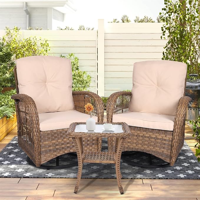 3-Piece Patio Wicker Conversation Bistro Set, Rattan Gliding Rocking Swivel Chairs with Cushion and Glass Top Side Table Outdoor Furniture Sets for Garden Backyard, Light Brown