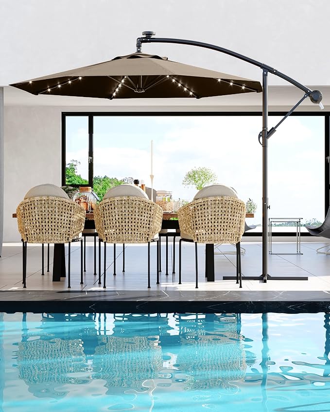 10FT Cantilever Patio Umbrella with Solar LED Lights - Heavy Duty 2-Tier Square Aluminum Offset Outdoor Umbrella, 360° Rotation for Poolside, Backyard, Deck Outdoor Use, Tan