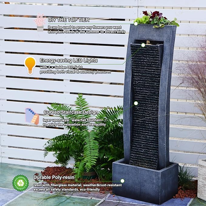 Sunlinua Garden Water Fountain - Outdoor Freestanding Fountains Modern Curves Indoor Waterfall Floor Standing Water Fountains for Garden, Patio, 49.2 Inches Tall with LED Lights, Pump, Natural Stones