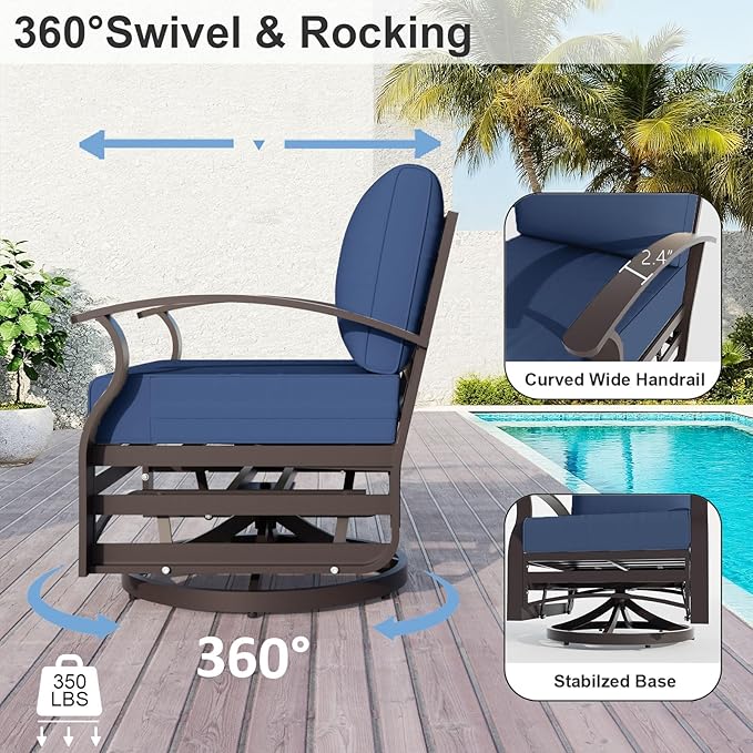 ALAULM Aluminum Patio Furniture Set with 2 Swivel Chairs 7-seat Metal Outdoor Furniture Patio Sectional Sofas Patio Conversation Set w/5.1" Cushions for Patio, Backyard, Poolside-DarkBlue