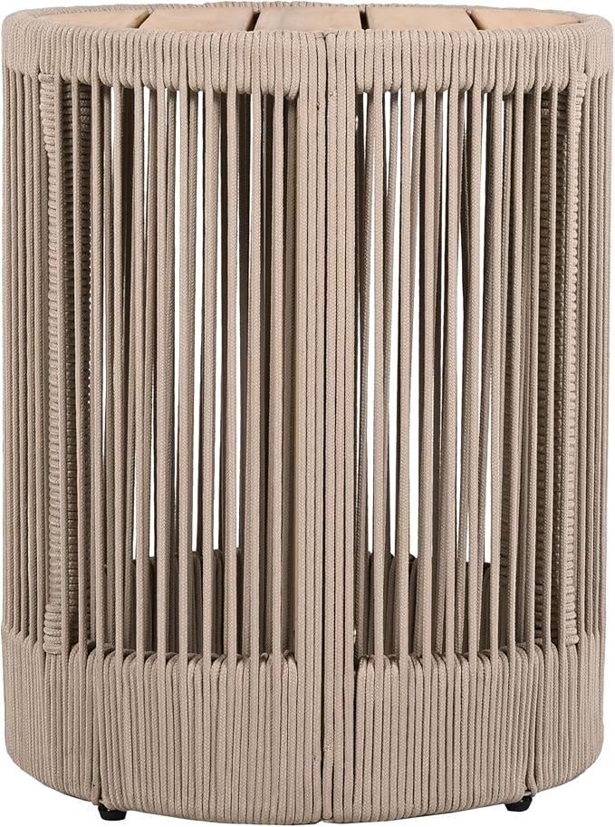 Outdoor Rattan Rope & Acacia Wood Side Table - Patio Balcony Furniture for Garden, Yard, Balcony - Weather Resistant(Rope Beige, Natural Iron)