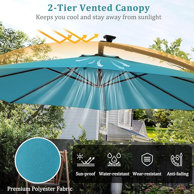 HAPPYGRILL 10 FT Offset Hanging Umbrella with Multi-Colored Flowing LED Lights, 9 Light Modes, Outdoor Patio Cantilever Umbrella with Base, Easy Tilt, 360° Rotation, Crank