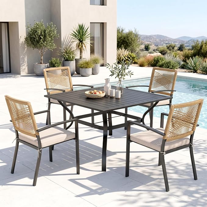 PHI VILLA Outdoor Dining Set for 4, 37" Square Table, Wicker Chairs | 5 Piece Patio Dining Set, Square Patio Dining Table Set with Patio Wicker Chairs for Garden, Porch, Deck
