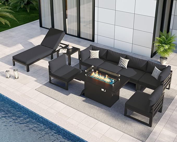 NICESOUL 9 Piece Luxury Aluminum Outdoor Sectional Sofa with Chaise Lounge & Firepit, Large Modular Patio Furniture Set, 29" Deep Wide Seating, 500 lbs Heavy Duty Conversation Set for Deck, Dark Gray