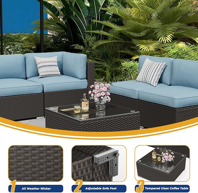 7 Pieces Outdoor Patio Furniture Set, Black Brown Wicker Patio Sectional Sofa Set, Outdoor Couch with Cushion and Tempered Glass Table, Sky Blue