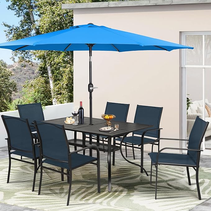Crownland 7 Piece Patio Dining Set, Outdoor Textilene Dining Sets, 6 Textilene Metal Chairs and Rectangular Outdoor Dining Table with Sky Blue 9FT Round Outdoor Umbrella (Blue)