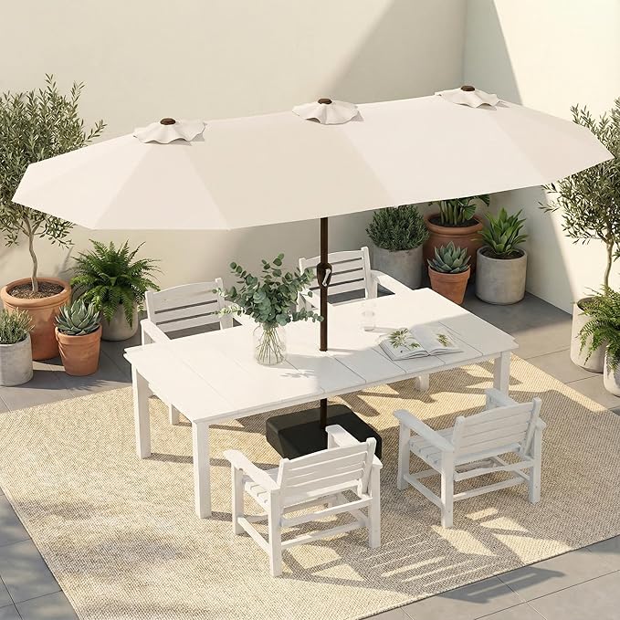 HDPE Outdoor Dining Set for 4, 5-Piece Outdoor Dining Table Set with 15FT Patio Umbrella, Patio Table and Chairs Set with Aluminum Frame & Legs (White)