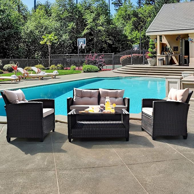 Tangkula 4-Piece Patio Furniture Set, Rattan Wicker Chair Set with 1 Loveseat, 2 Single Sofas, 1 Coffee Table with Tempered Glass Top, Outdoor Furniture Sets for Backyard, Porch, Garden and Poolside