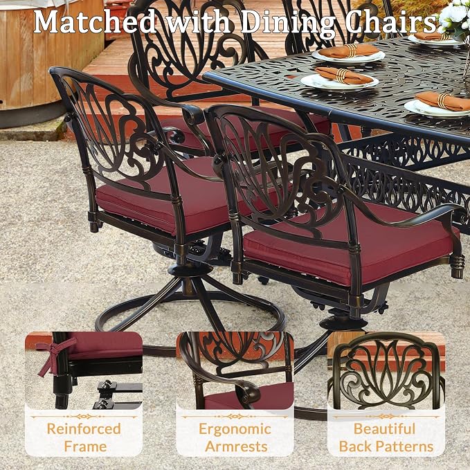 9 Piece Outdoor Patio Dining Set for 8, Cast Aluminium Large Square Dining Table & 8 Swivel Rocker Chairs with Removable Cushions, Umbrella Hole, Patio Furniture Set for Garden, Chili Red