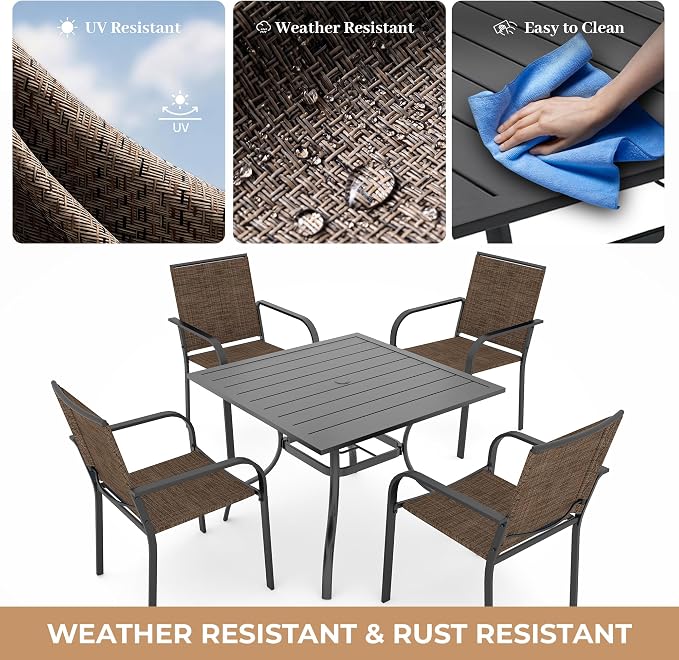 Anmutig 5 Piece Patio Dining Set, Outdoor Stackable Chairs and 35" Square Metal Patio Table with 1.57" Umbrella Hole for Garden Backyard Deck, Brown
