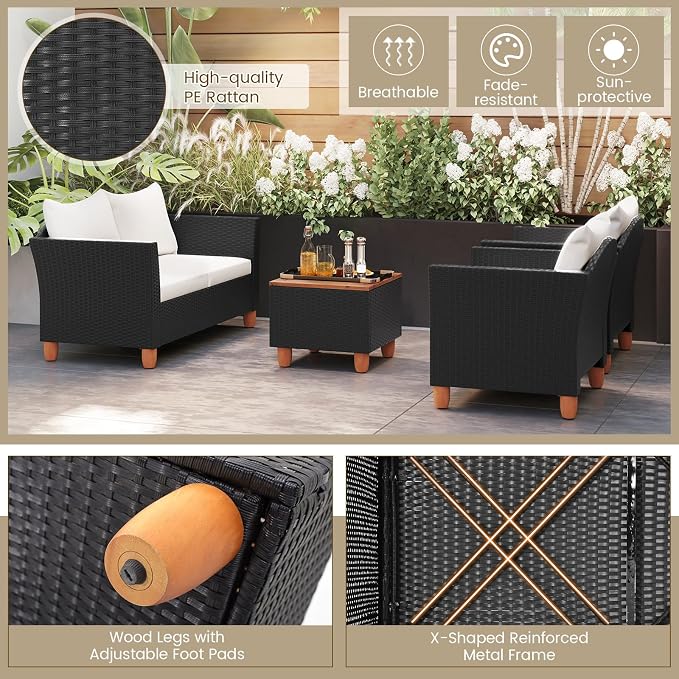 HAPPYGRILL 4 Pieces Wicker Patio Conversation Set, PE Rattan Chair & Ottoman Set with Removable Cushions, Storage Coffee Table, Outdoor Furniture Set for Garden Backyard Poolside (Off White)