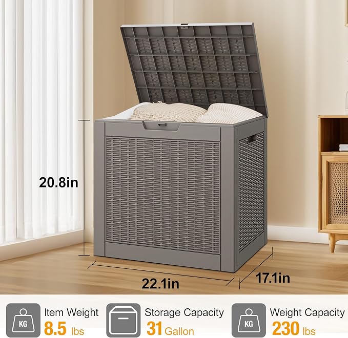 Bifanuo Outdoor Storage Box, 32 Gallon Deck Boxes Waterproof, Resin Storage Cabinet Multi Functional Storage Bench for Gardening Tools, Pool Supplies, Patio Furniture, Lockable