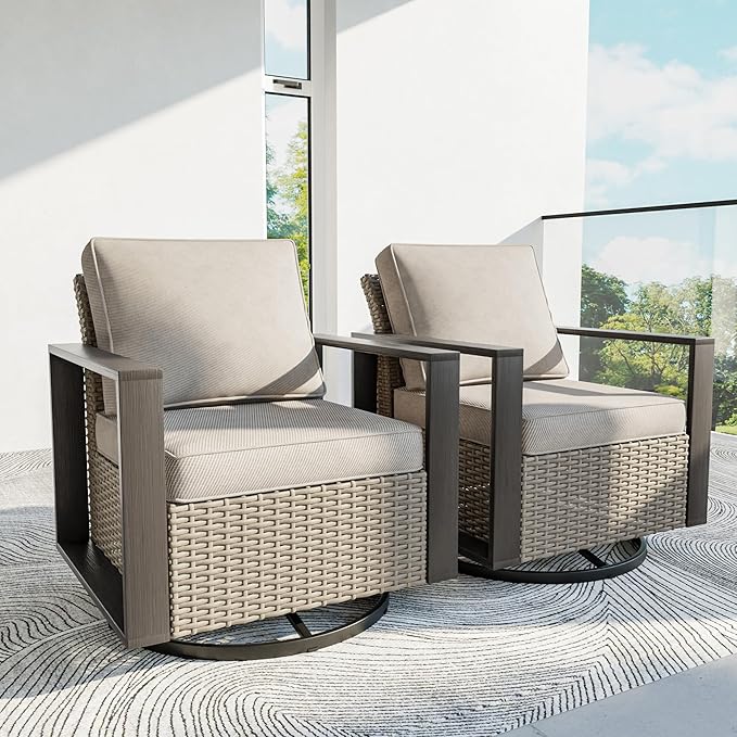 Patio Chairs Set of 2, Outdoor Swivel Rocker Patio Chairs, Metal Patio Furniture with Deep Seating, Thicken Cushions for Deck, Porch, Yard Use (Beige, 2 PCS/Swivel)